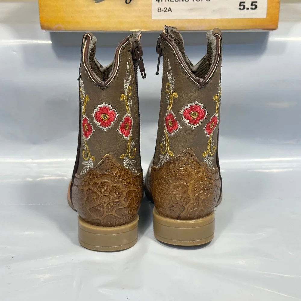 Richard West Cowboy Boots Girls 5.5 Brown Floral Embroidered Leather Excellent‎